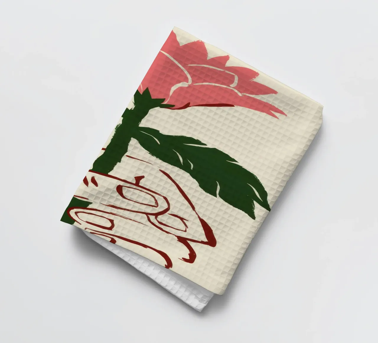 Mano che tiene un fiore rosa canovaccio da cucina da Lyra Glaze