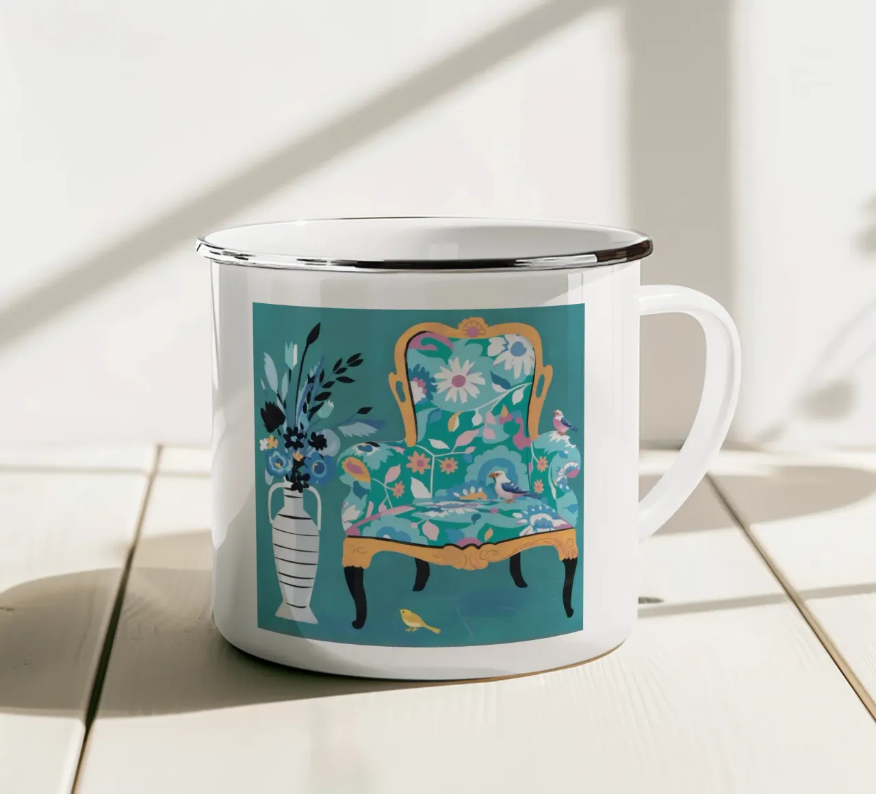 Poltrona ornata color verde acqua tazza in smalto da Snow Mist