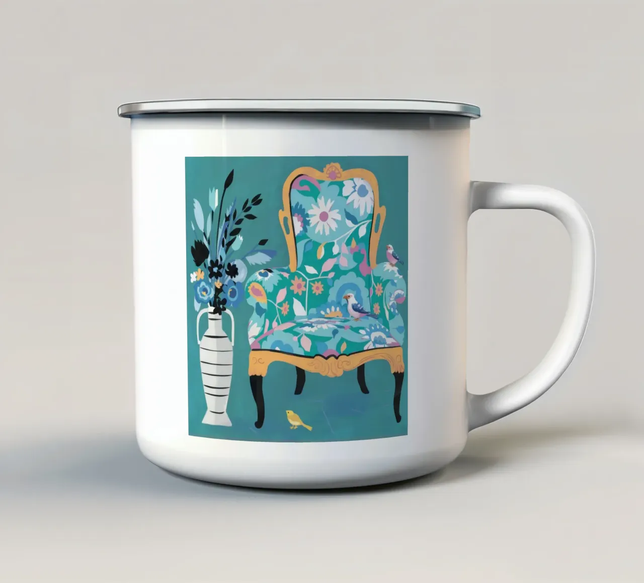 Poltrona ornata color verde acqua tazza in smalto da Snow Mist