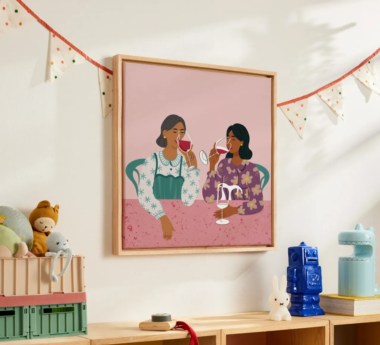 Wine and Conversation canvas with Floater frame by Snow Mist