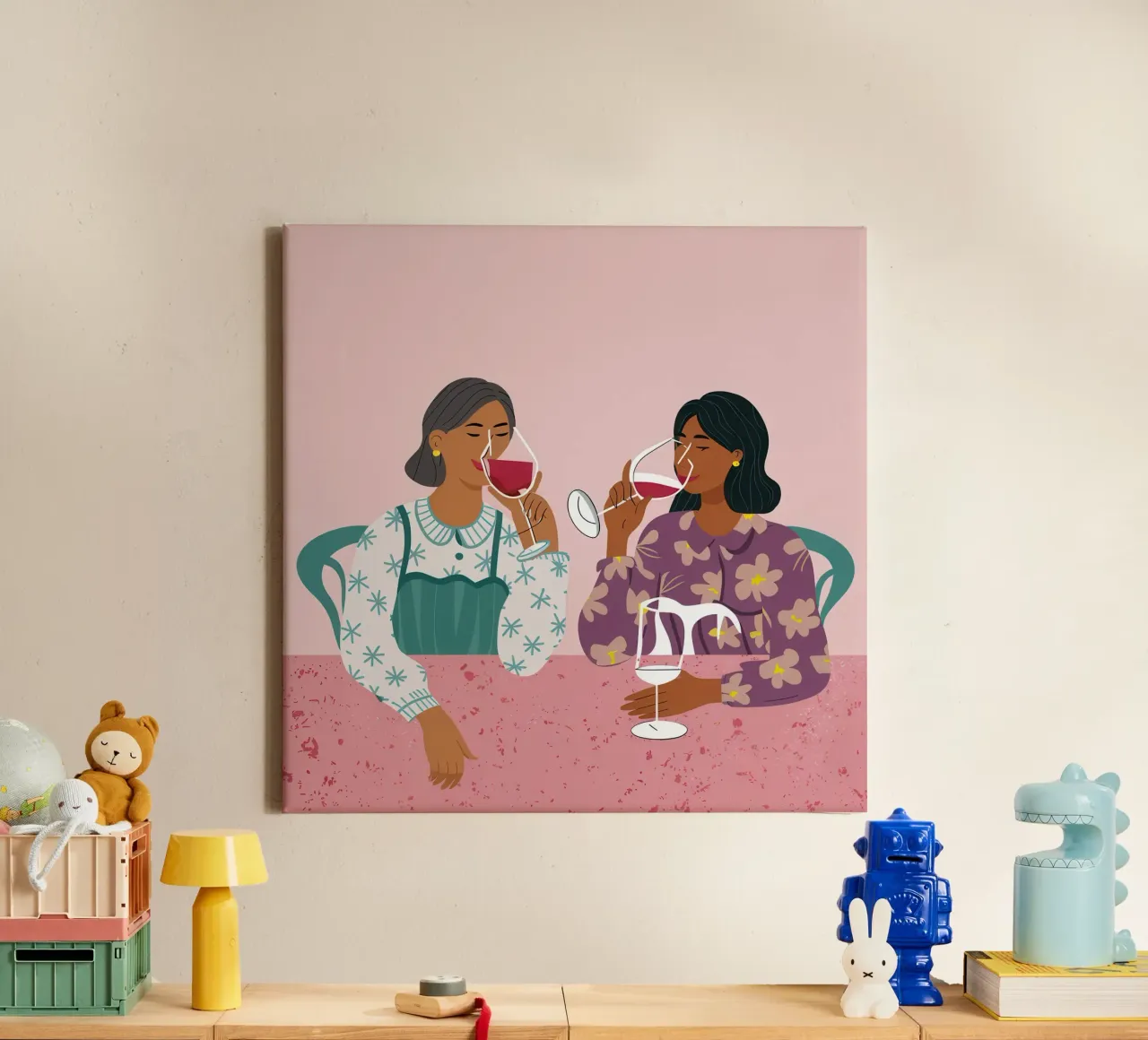 Wine and Conversation canvas with Floater frame by Snow Mist