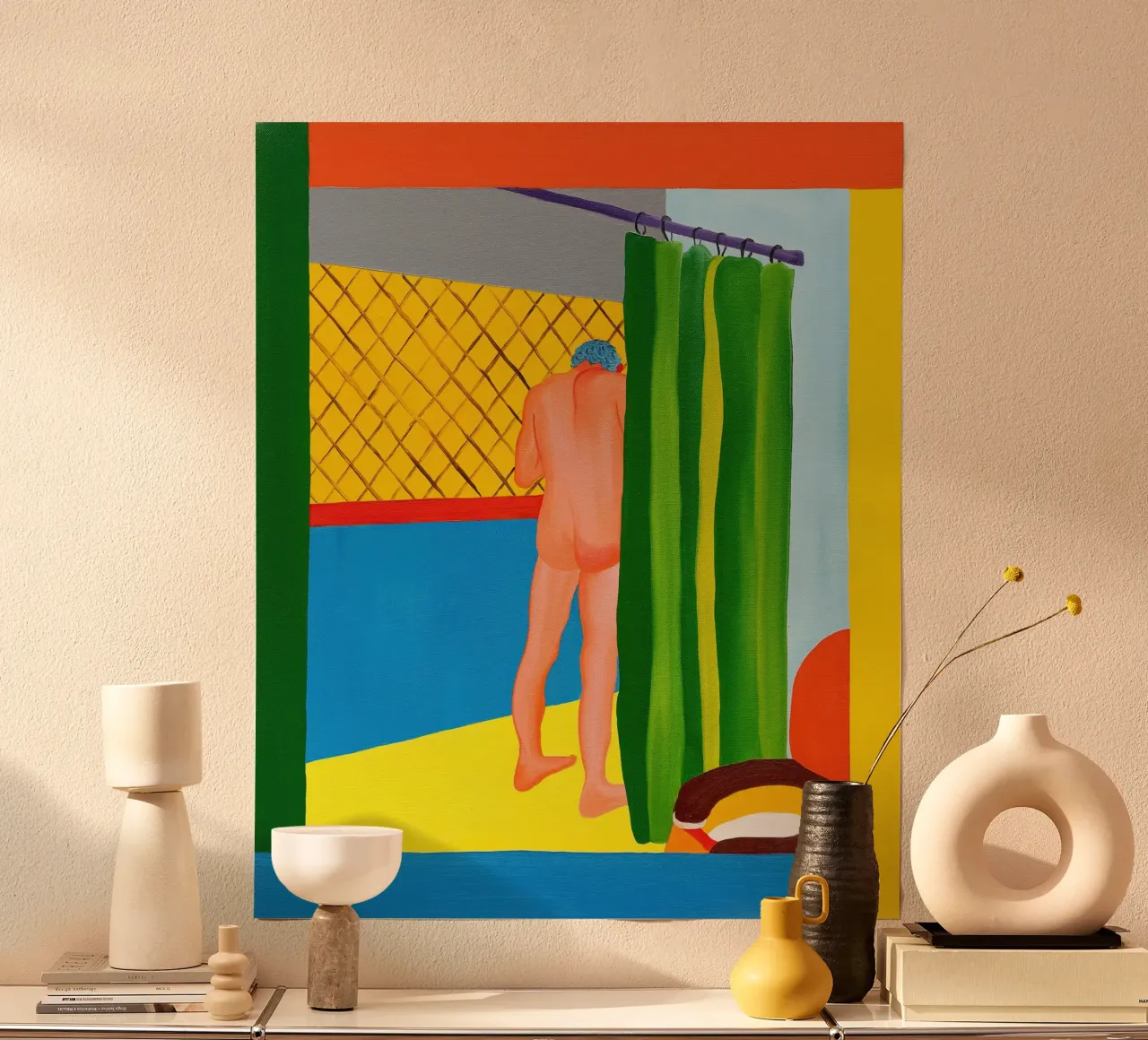 Hector fa la doccia in Zipolite (2023), poster con telaio in legno da mix mate