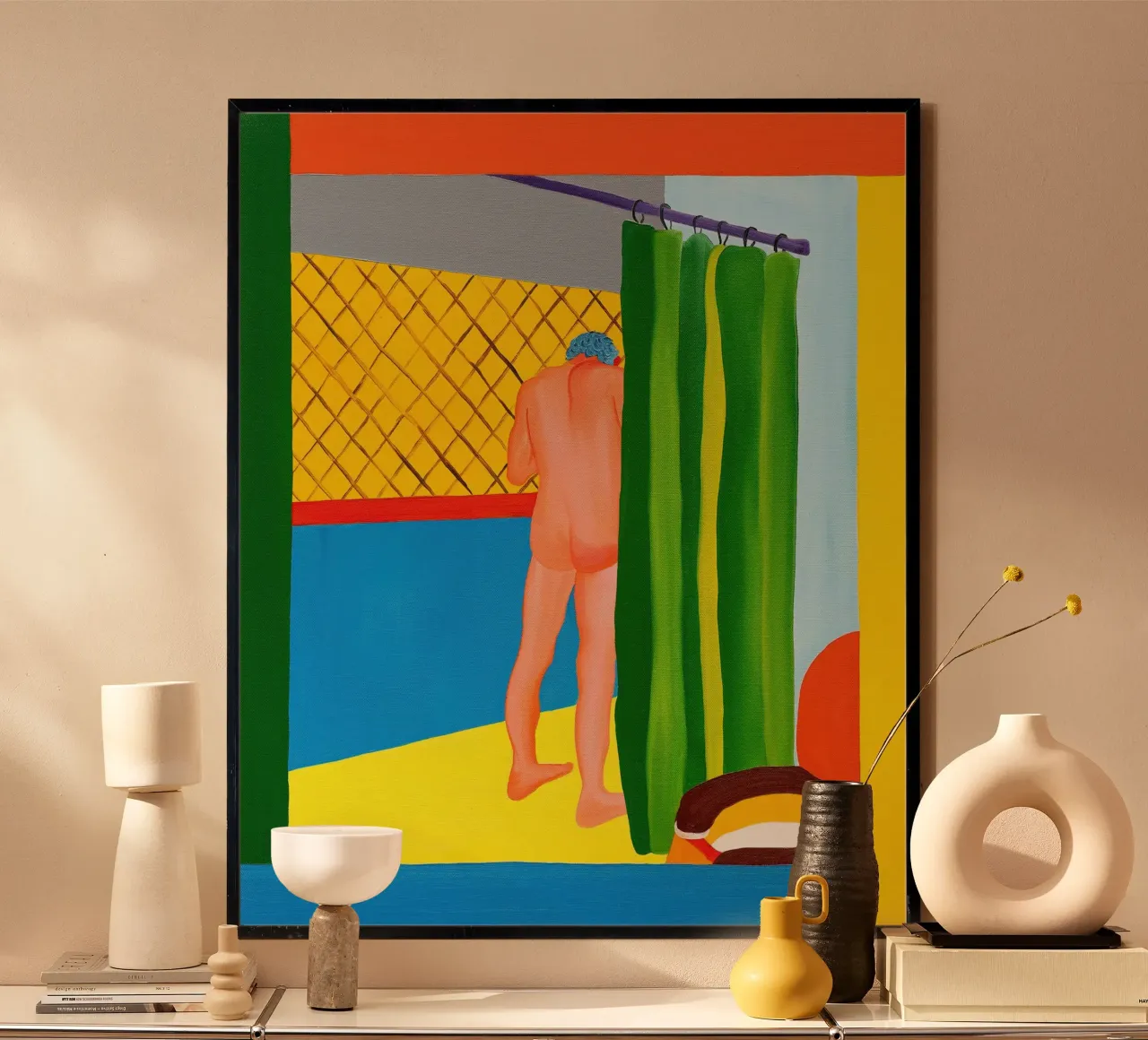 Hector fa la doccia in Zipolite (2023), poster con telaio in legno da mix mate