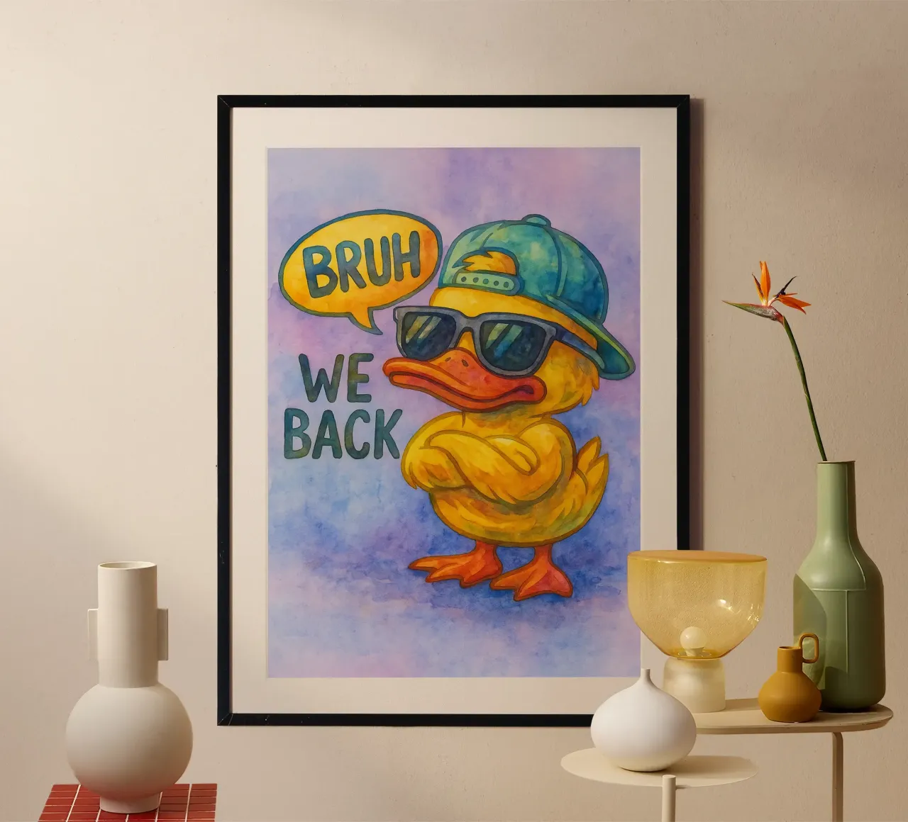 bruh siamo tornati funny duck poster con telaio in alluminio da limous