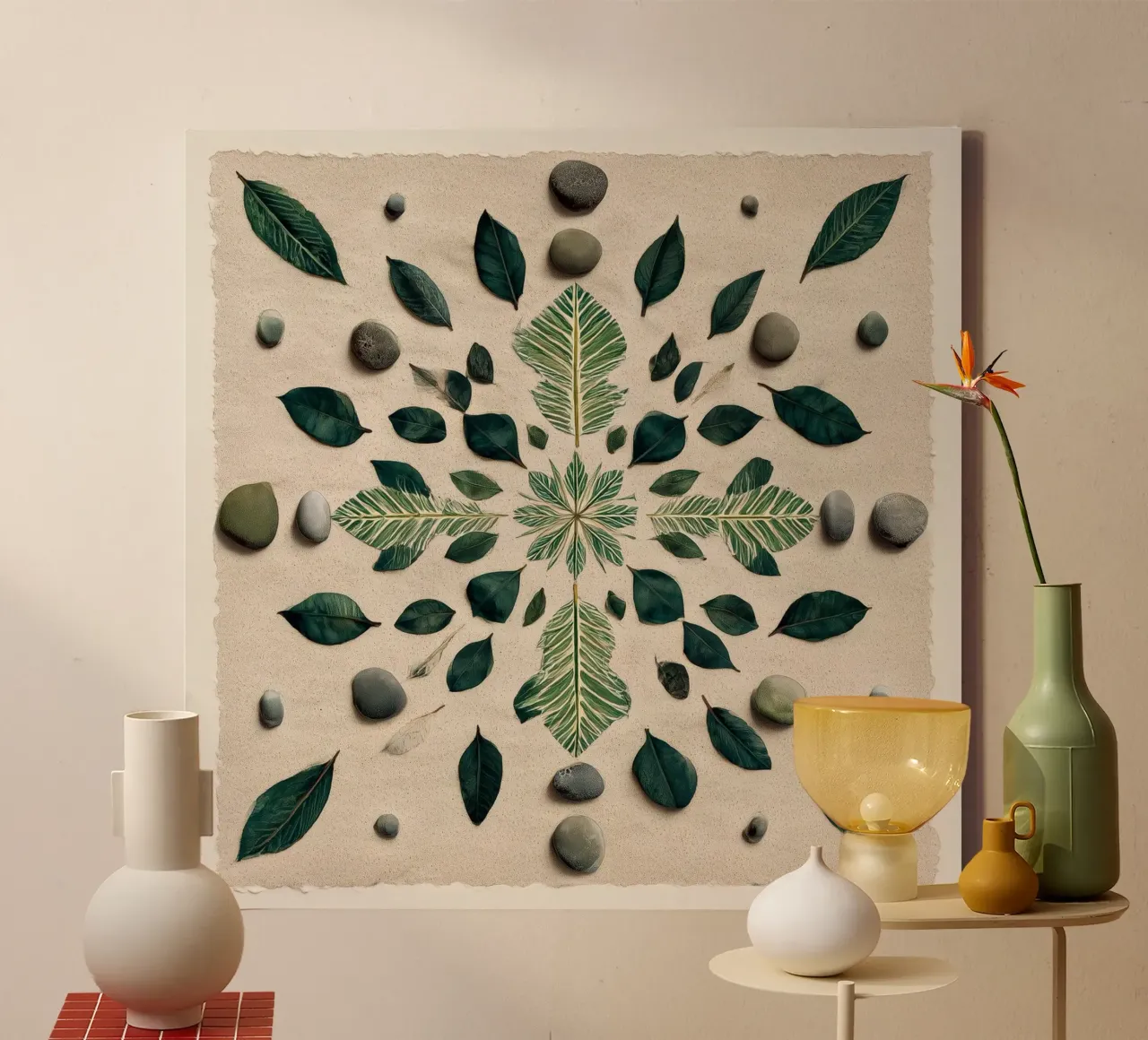 Mandala di foglie e pietre tela con Cornice a cassetta da Luke Wilder Studio