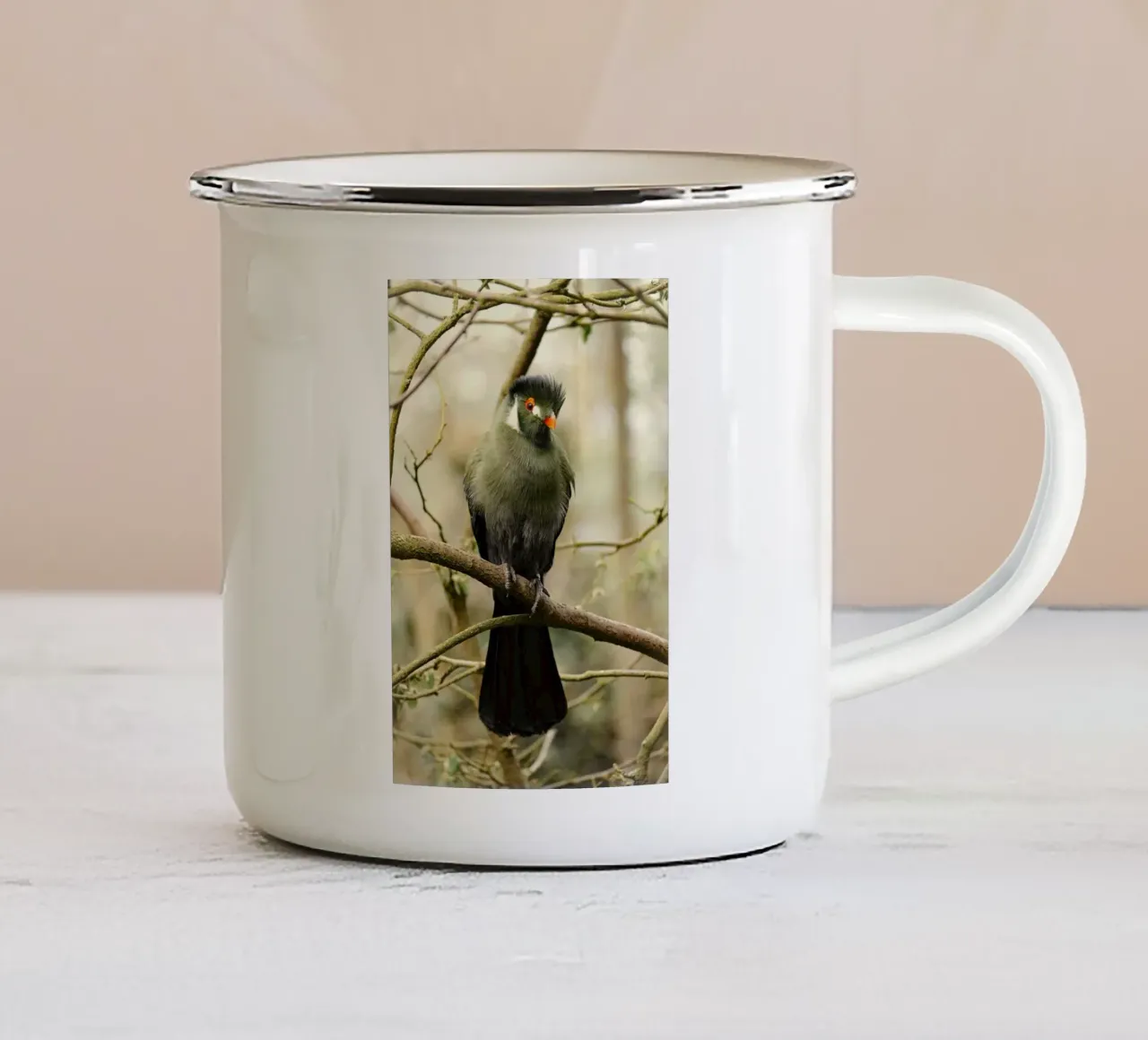 uccello turaco tazza in smalto da Earthly Visions