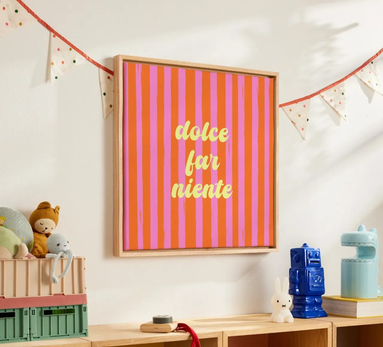Dolce Far Niente - Retro Orange & Rosa Streifen Leinwand mit Schattenfugenrahmen von EDMPROJECT