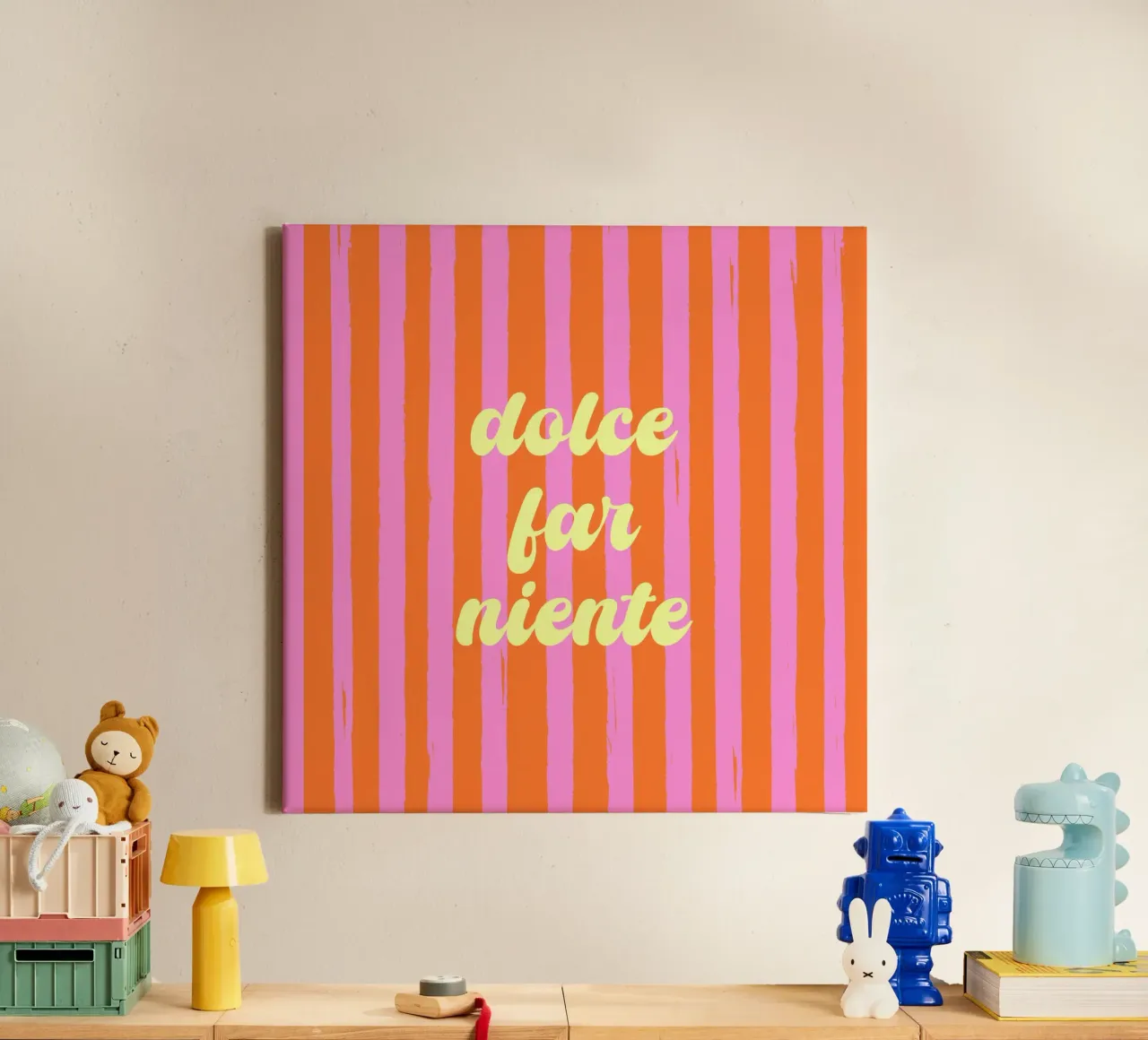 Dolce Far Niente - Retro Orange & Rosa Streifen Leinwand mit Schattenfugenrahmen von EDMPROJECT