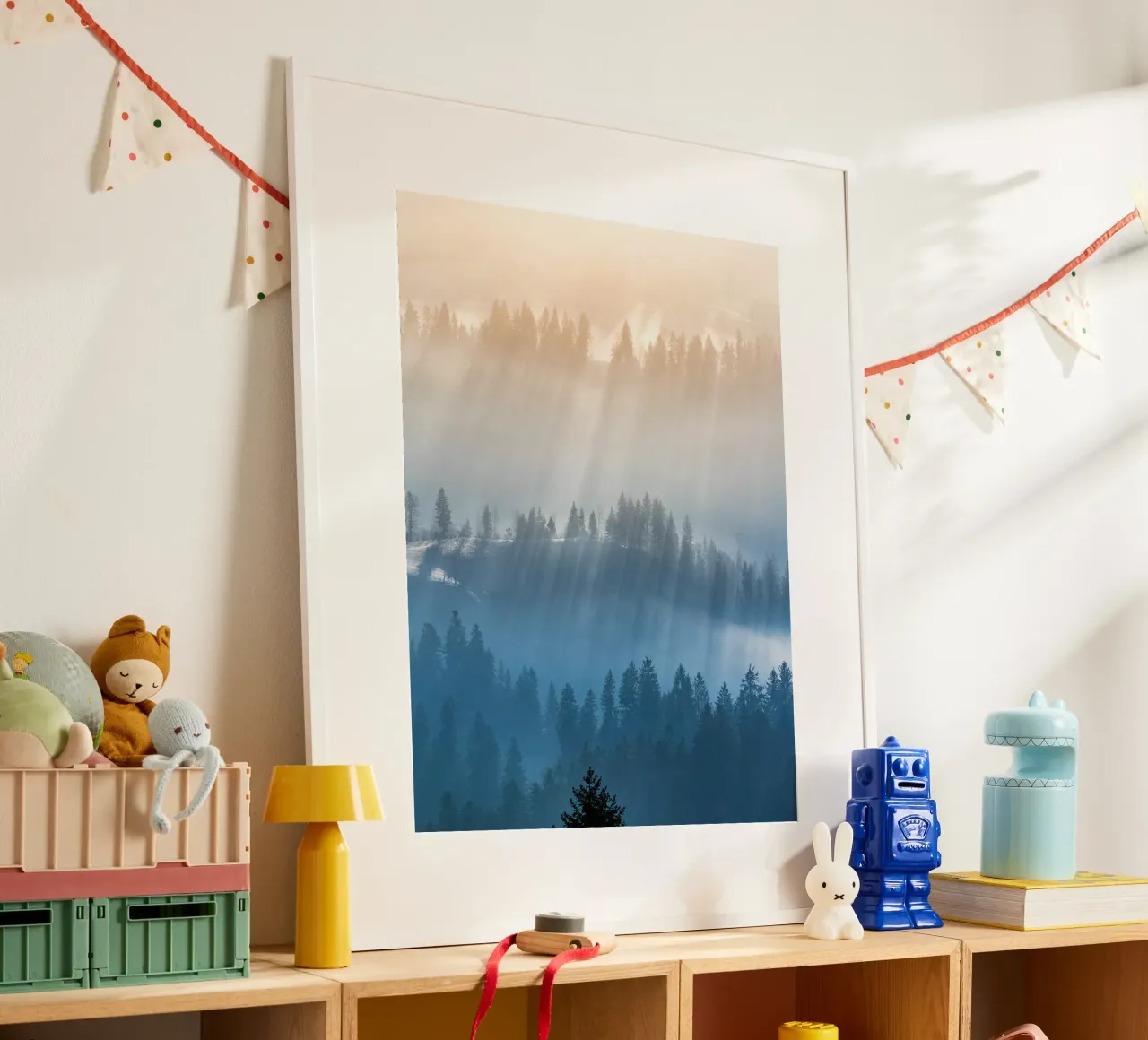 Mattinata di nebbia nella foresta dell'Emmental poster con telaio in plastica da June Jordan