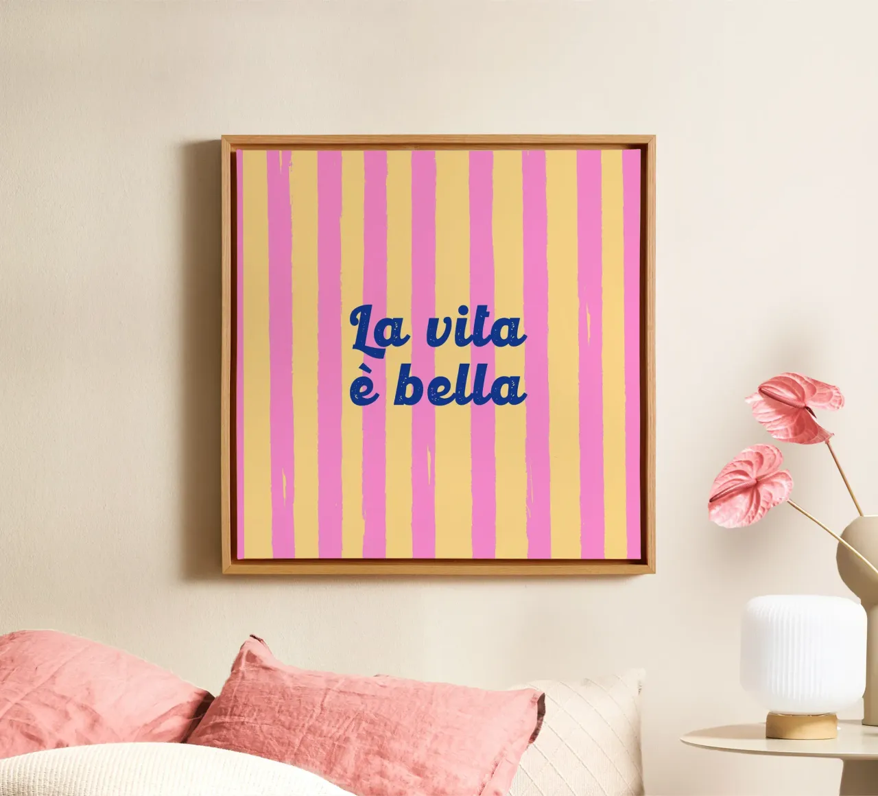 La Vita è Bella - Rayures rétro jaune vif et rose toile avec Caisse américaine de EDMPROJECT