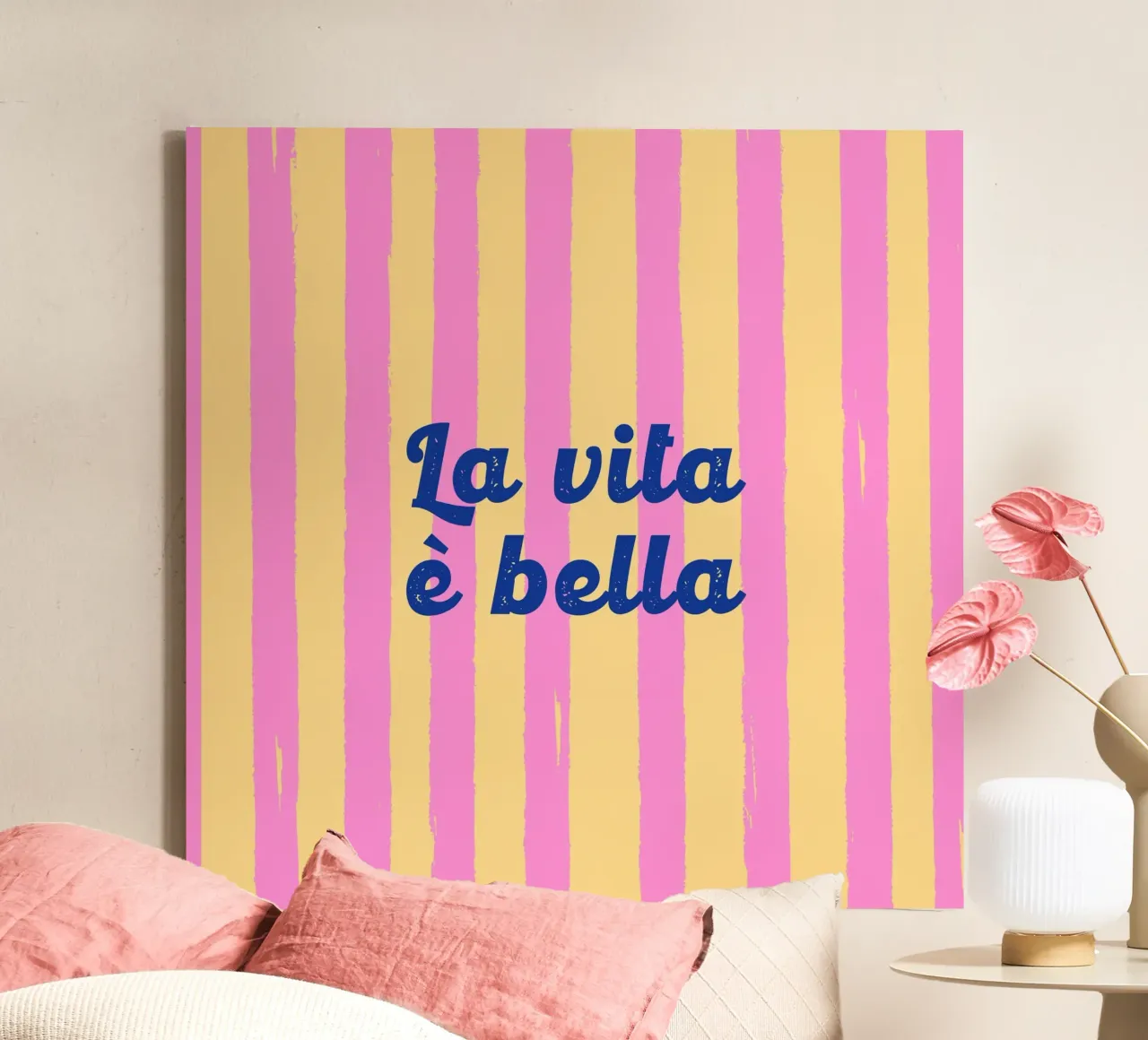 La Vita è Bella - Rayures rétro jaune vif et rose toile avec Caisse américaine de EDMPROJECT