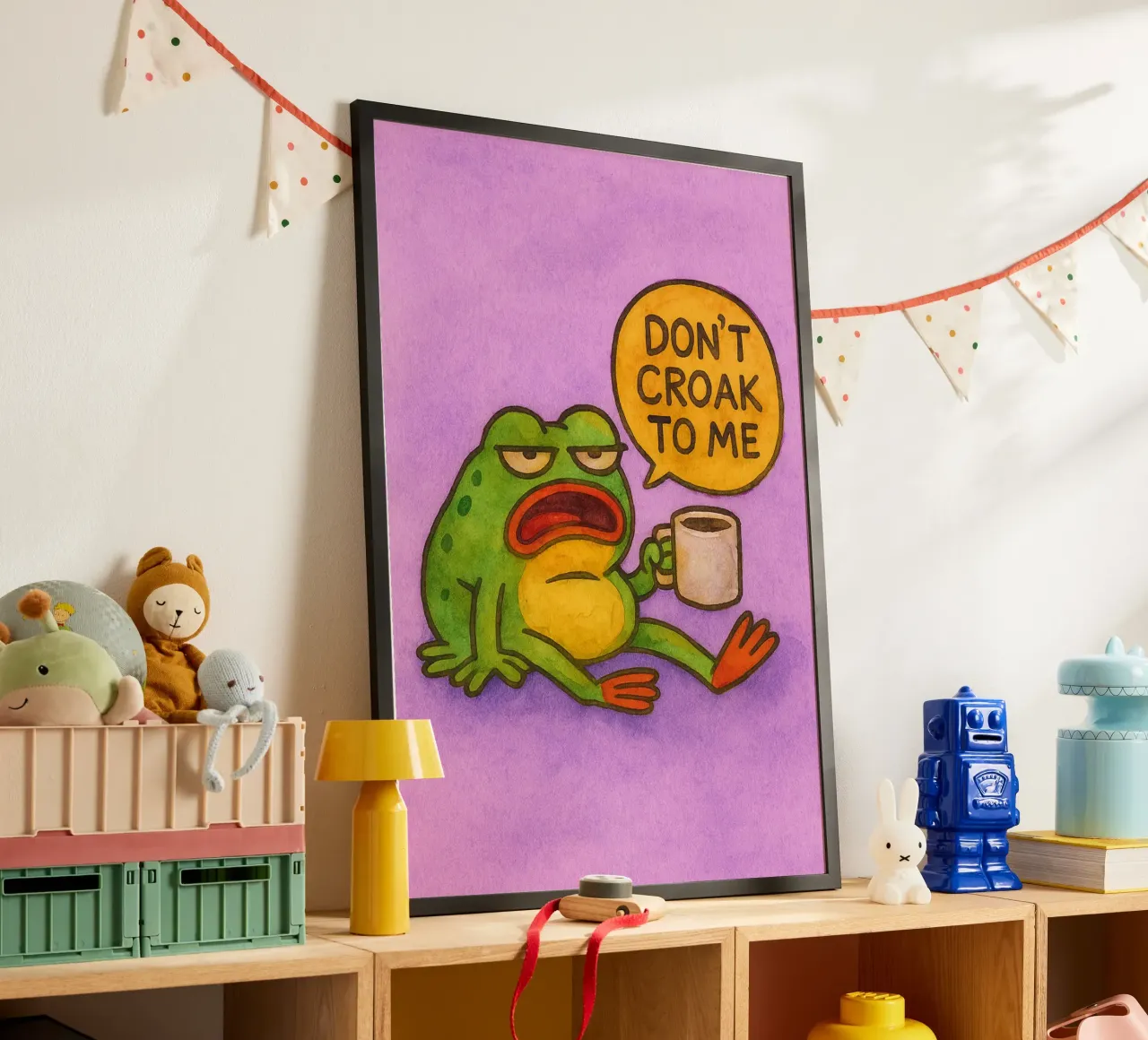 quak nicht zu mir lustiger Frosch Poster mit Holzrahmen von limous
