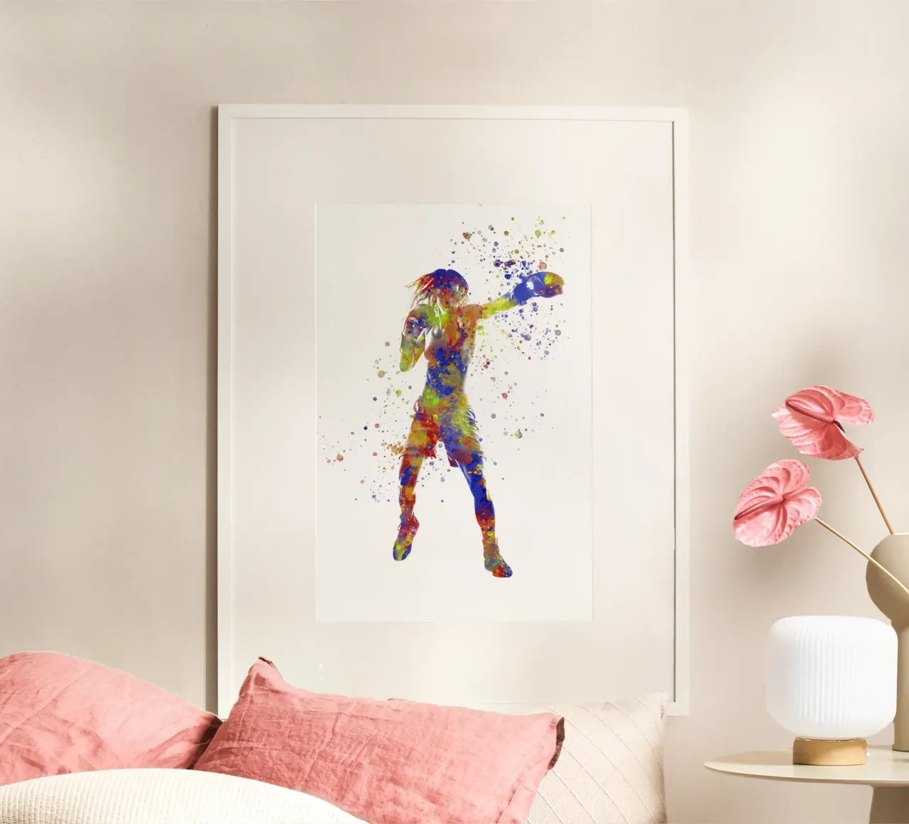 Boxer in acquerello poster con telaio in legno da ⚽ Sports Pulse