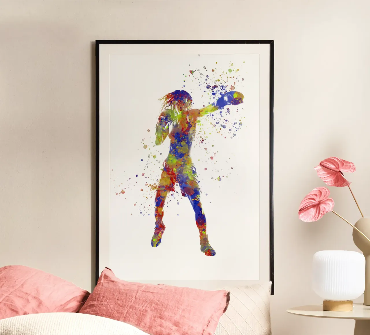 Boxer in acquerello poster con telaio in legno da ⚽ Sports Pulse