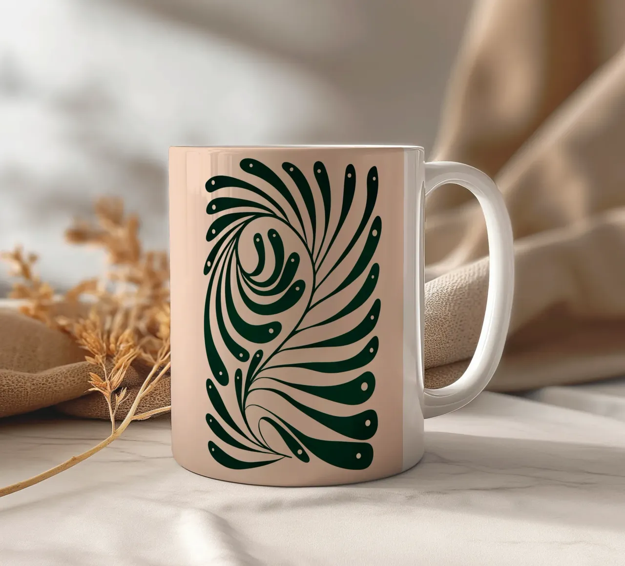 Abstract Green Leaf Swirl – Modern Botanical Art tazza in ceramica da Dream Print Designs