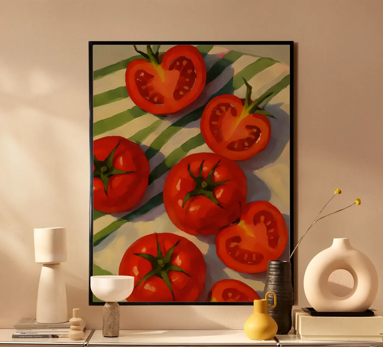 Pomodori freschi su telo a righe poster con telaio in legno da 🎨 Point and Art