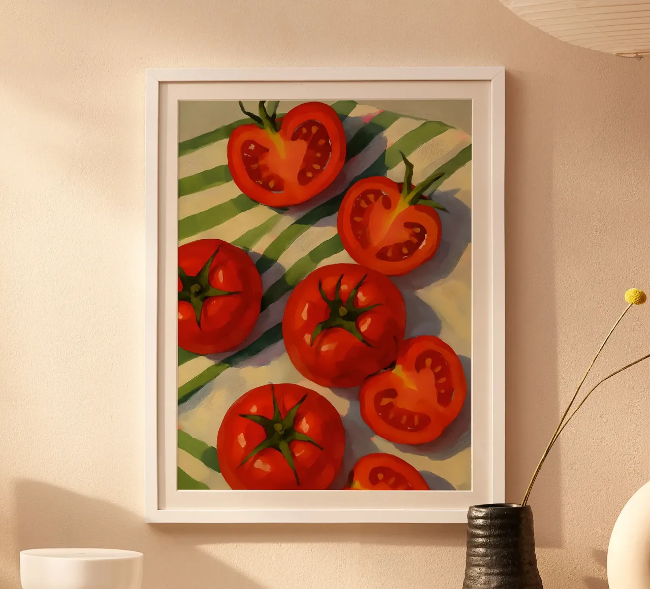 Pomodori freschi su telo a righe poster con telaio in legno da 🎨 Point and Art
