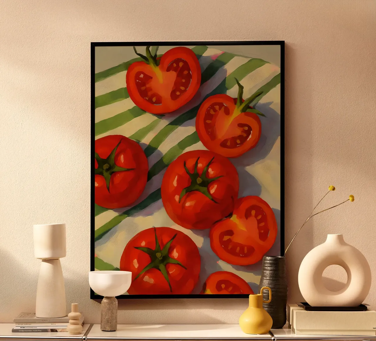 Pomodori freschi su telo a righe poster con telaio in legno da 🎨 Point and Art