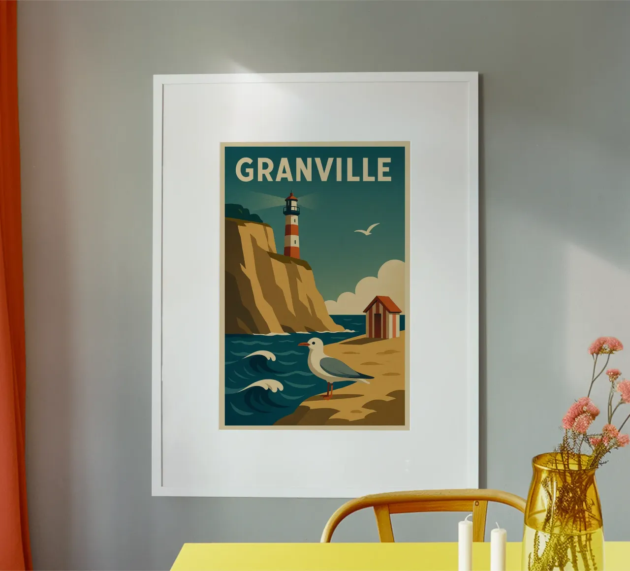 Poster d'epoca di Granville - Faro e cabina sulla spiaggia poster con telaio in alluminio da JETLAG | affiches voyage