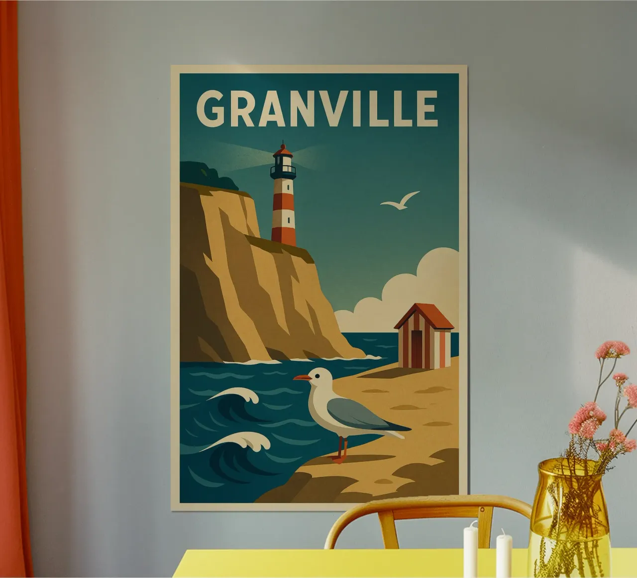 Poster d'epoca di Granville - Faro e cabina sulla spiaggia poster con telaio in alluminio da JETLAG | affiches voyage