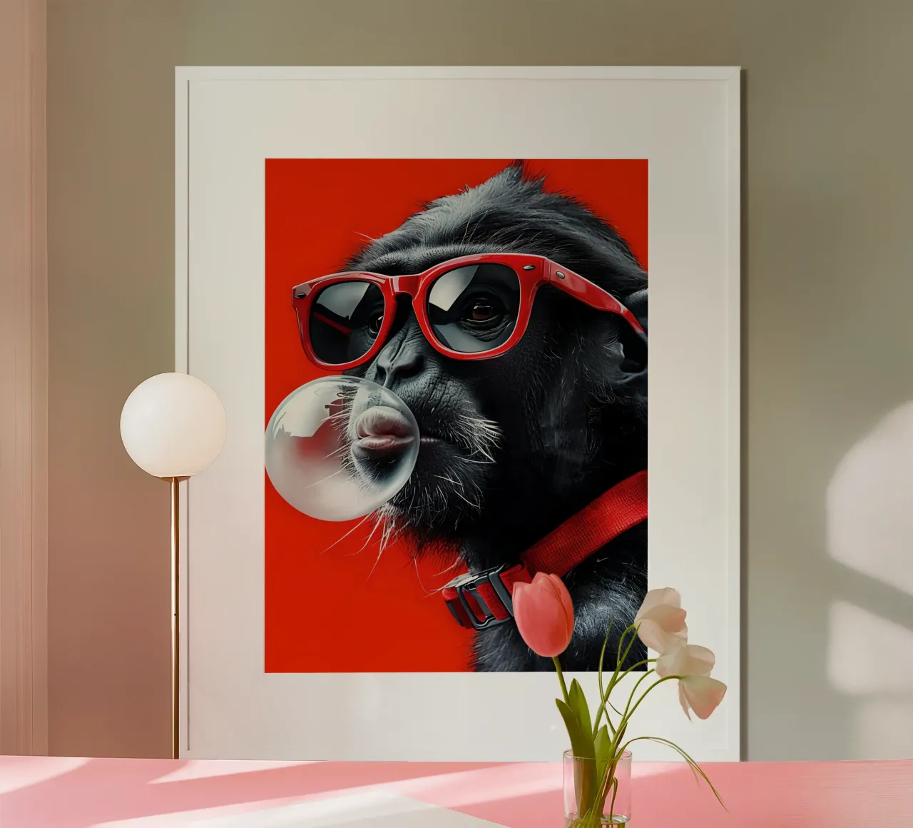 Scimmia cool che soffia gomme da masticare poster con telaio in legno da 🥝 KIWI STORE