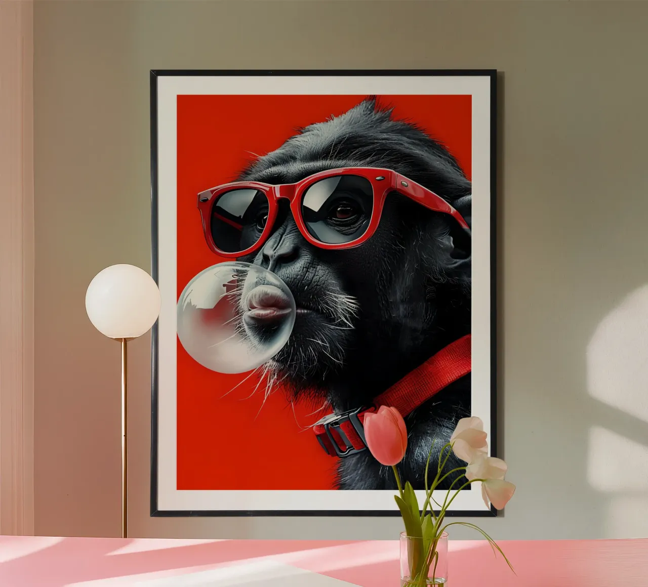 Scimmia cool che soffia gomme da masticare poster con telaio in legno da 🥝 KIWI STORE