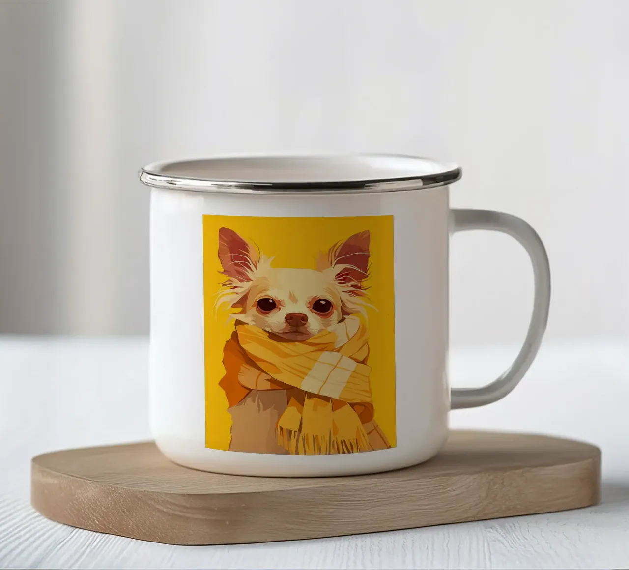 cane sciarpa orecchie occhi naso pelliccia giallo tazza in smalto da Karin M Fried