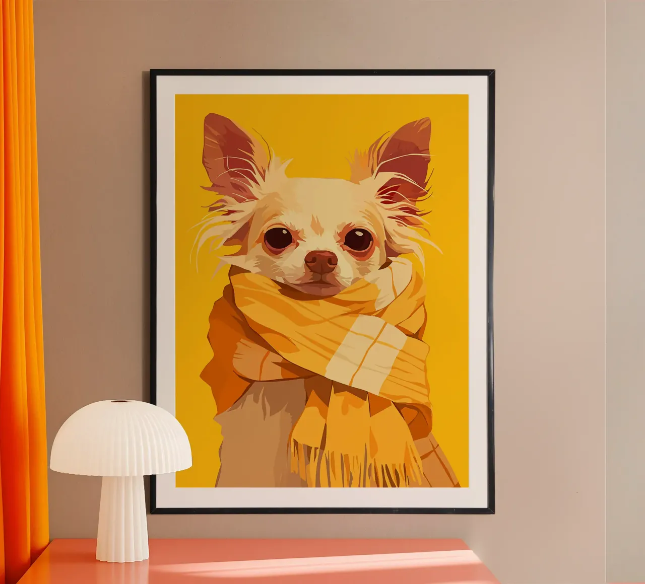 chien écharpe oreilles yeux nez fourrure jaune poster avec cadre en bois de Karin M Fried