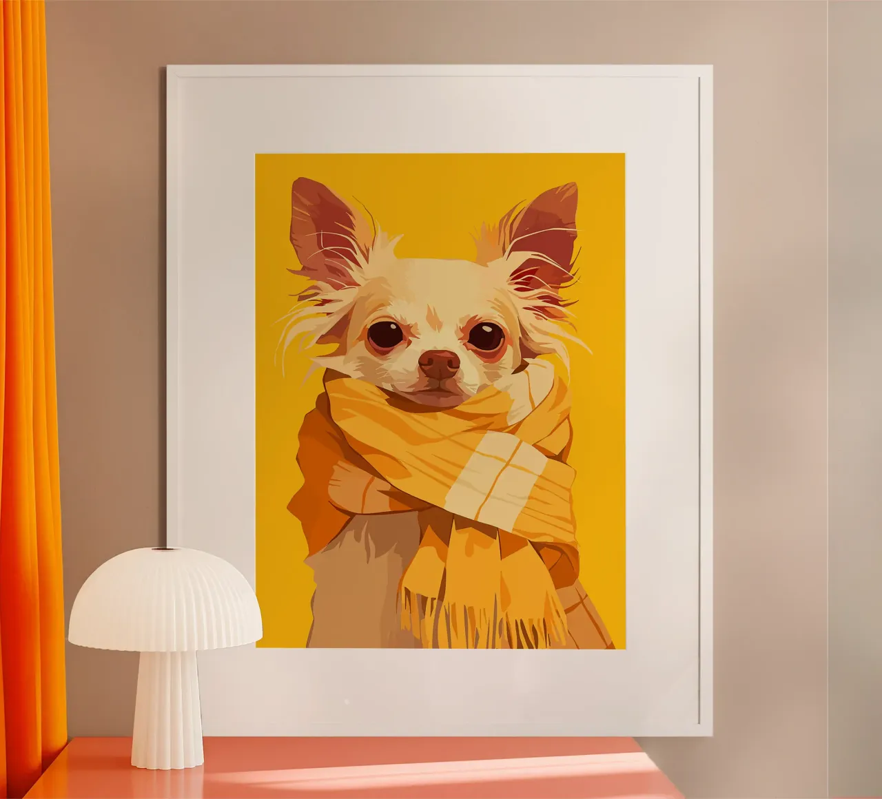 chien écharpe oreilles yeux nez fourrure jaune poster avec cadre en bois de Karin M Fried
