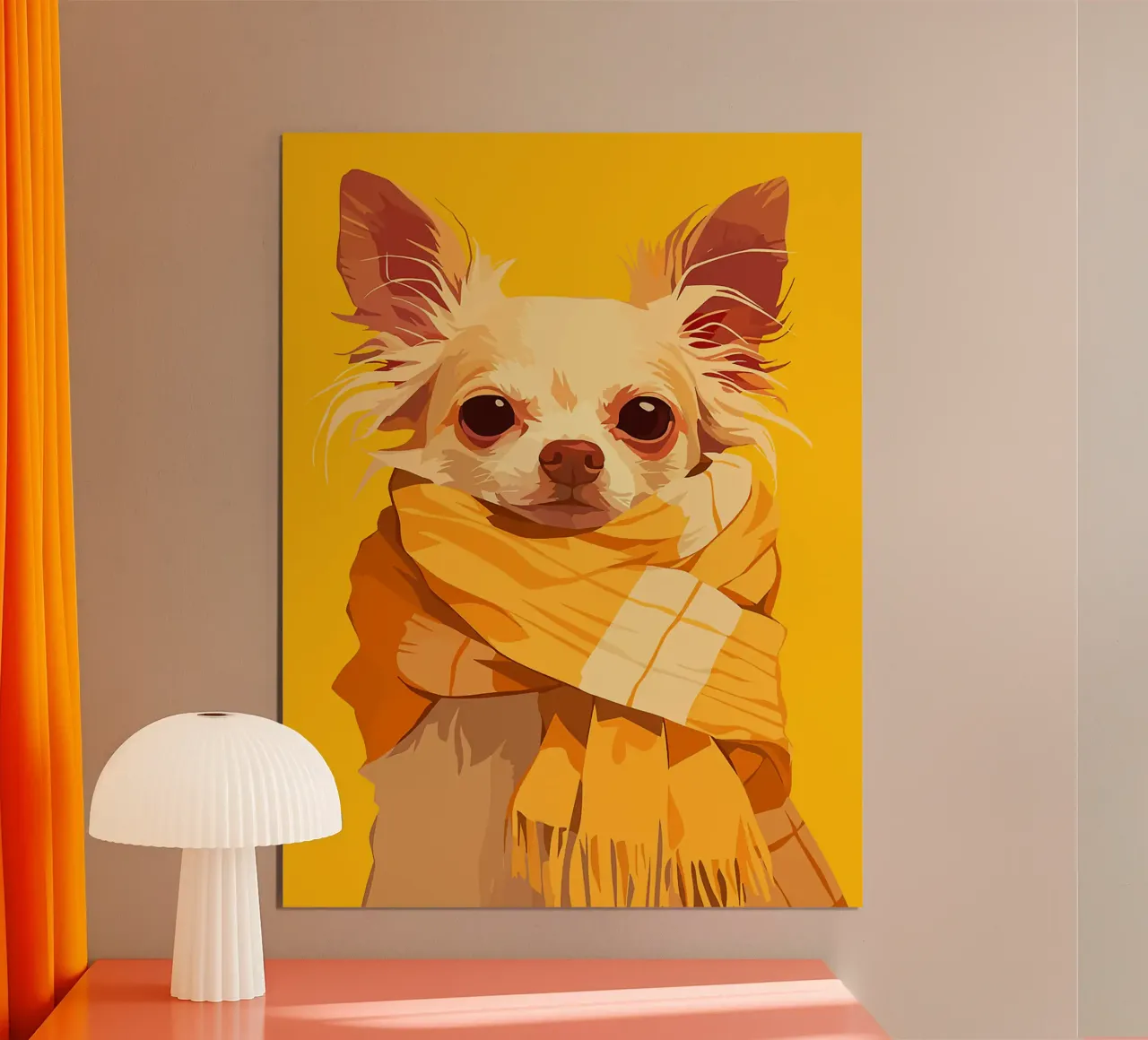 chien écharpe oreilles yeux nez fourrure jaune poster avec cadre en bois de Karin M Fried