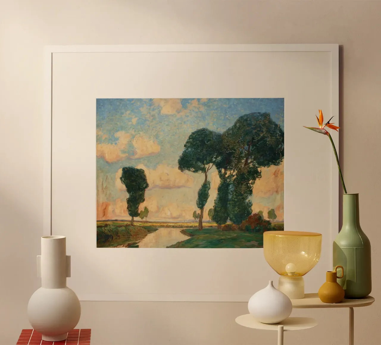 argini del fiume dove crescono alberi ombrosi poster con telaio in legno da iding store