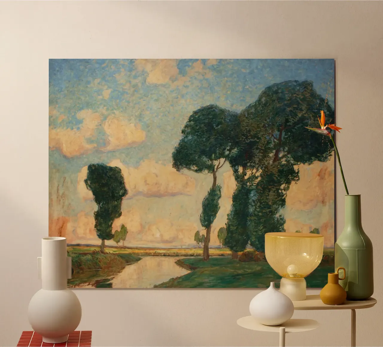 argini del fiume dove crescono alberi ombrosi poster con telaio in legno da iding store