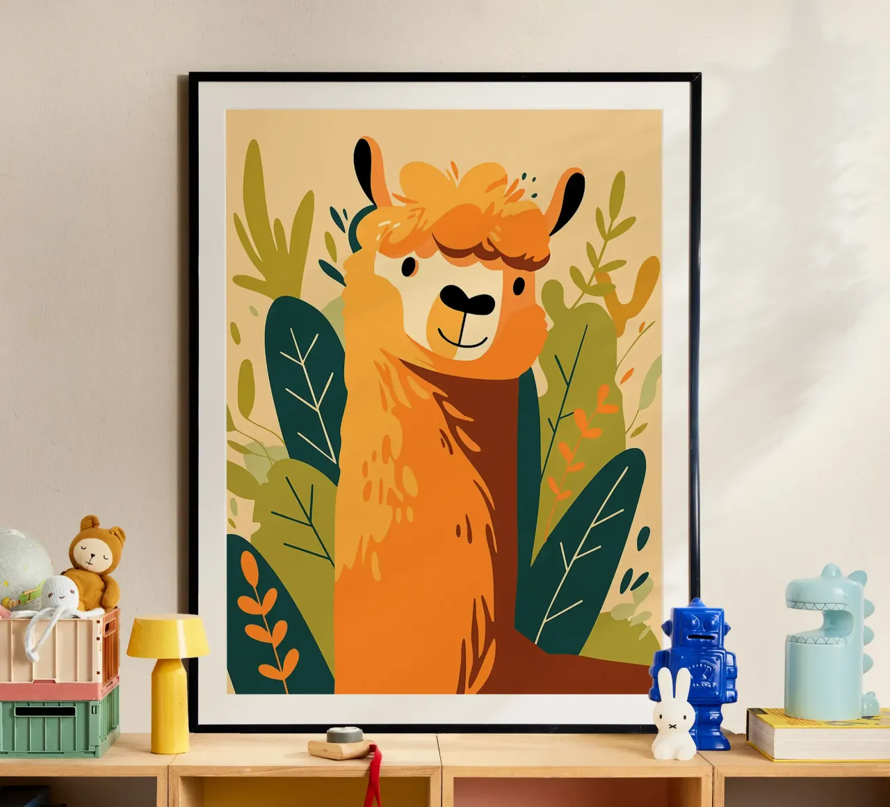 lama foglie fogliame animale sorridente poster con telaio in plastica da Frank J Weissmuller