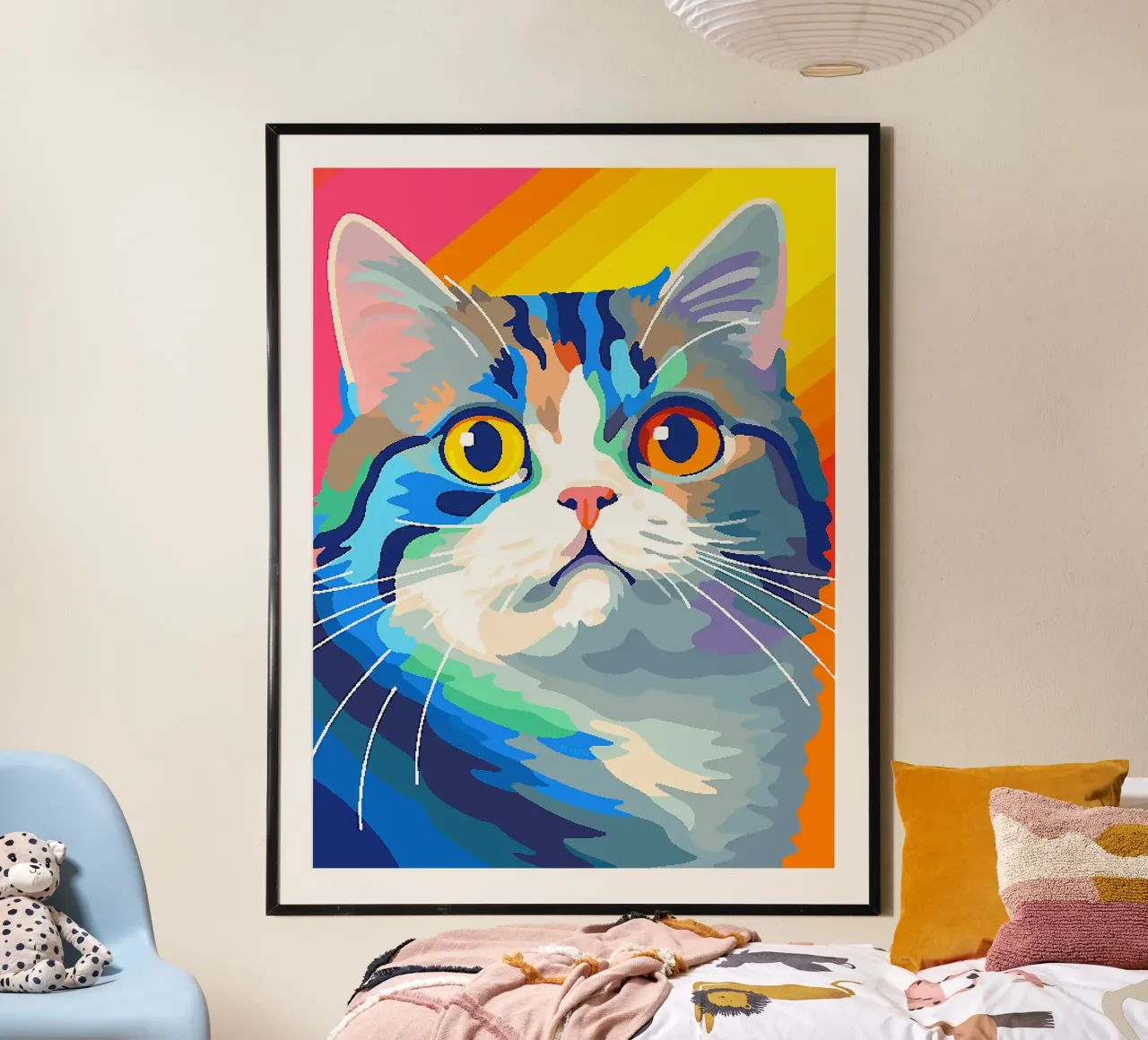 gatto animale animale domestico colorato baffi felini poster con telaio in legno da Elly Neubauer