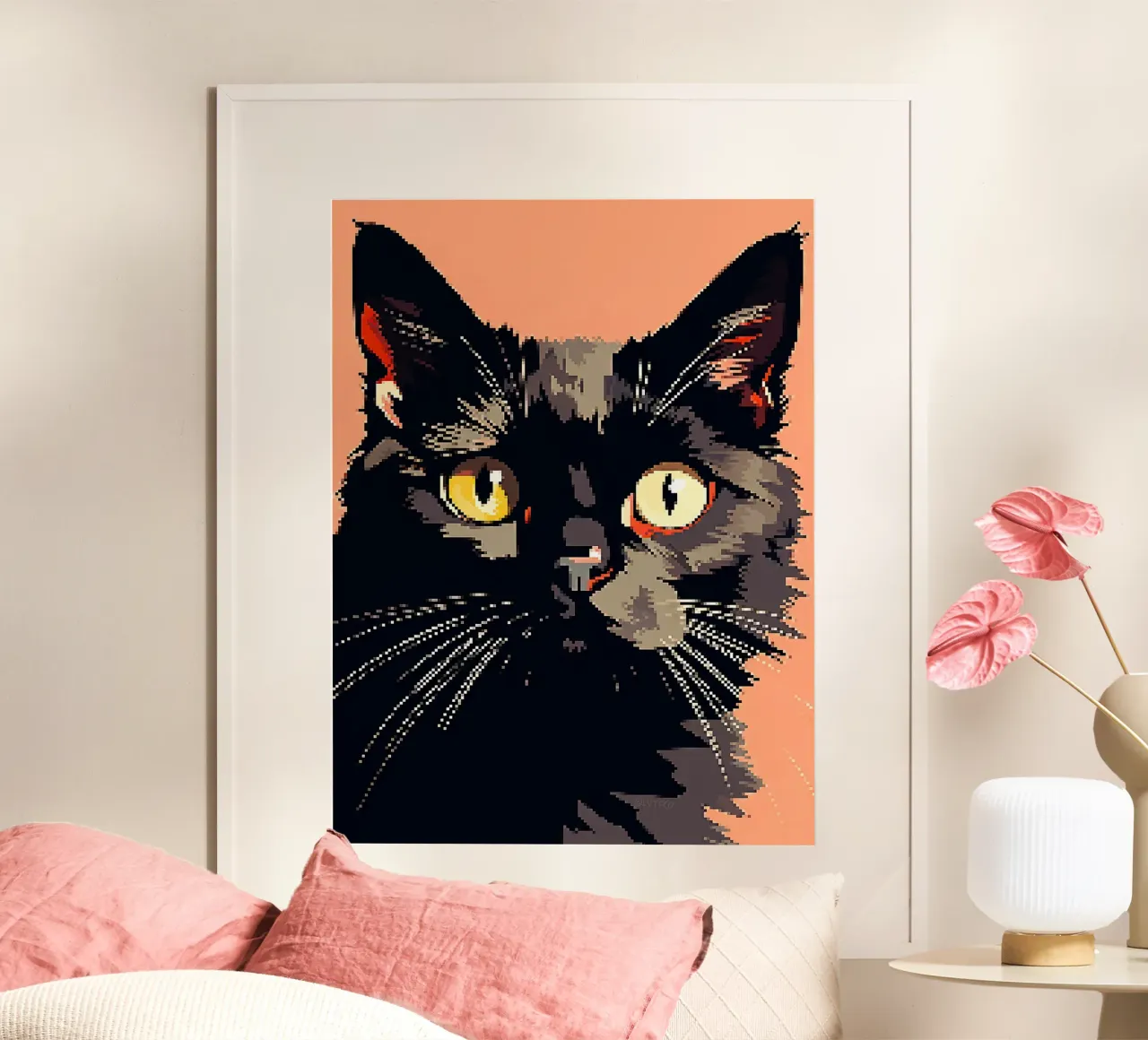 Pixel gatto felino animale domestico baffi poster con telaio in legno da Lukas Hoffmann