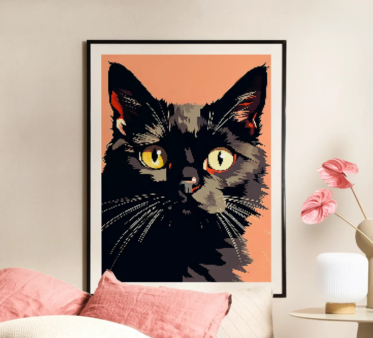 Pixel gatto felino animale domestico baffi poster con telaio in legno da Lukas Hoffmann