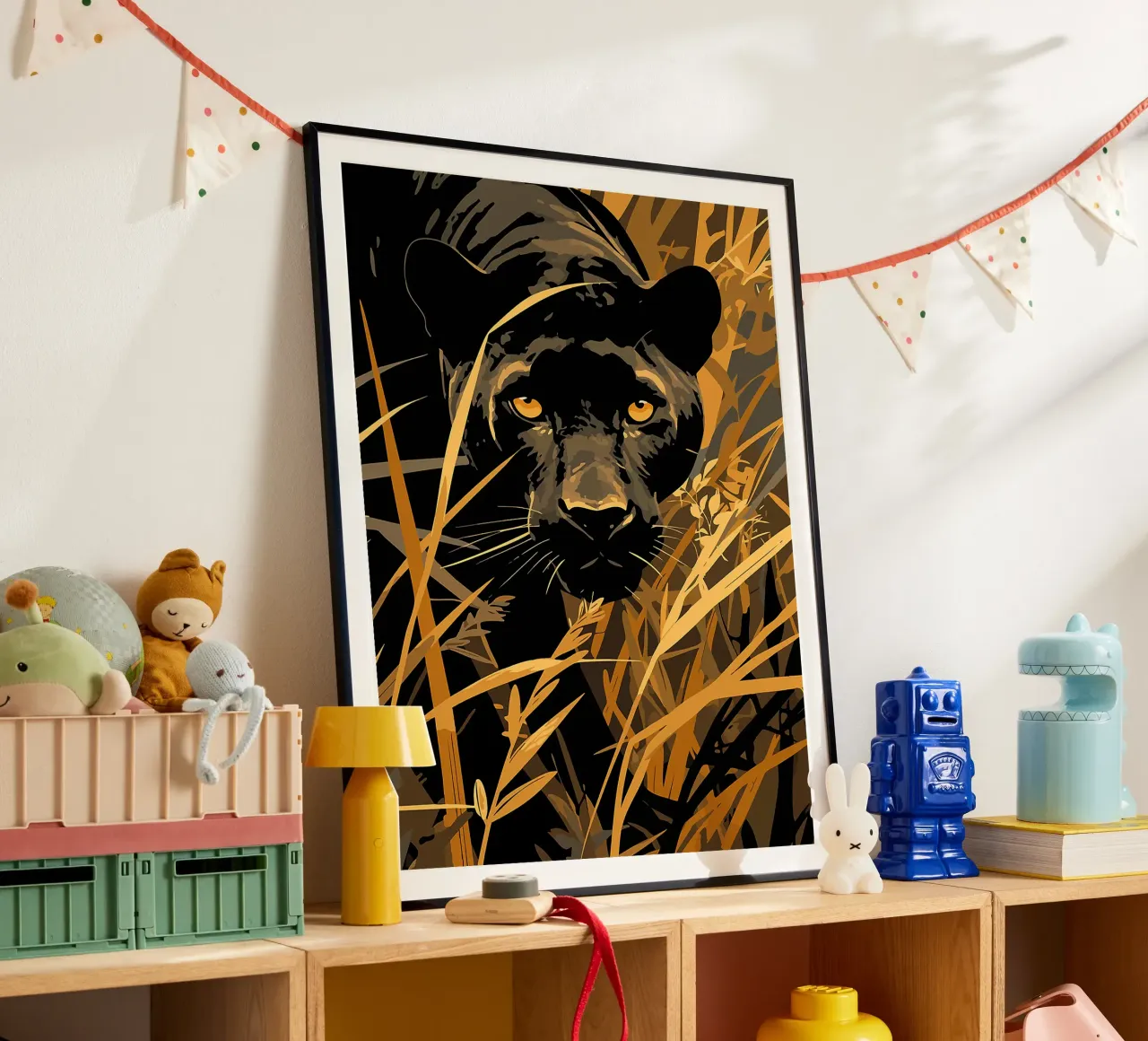 pantera jungla follaje vida salvaje gran felino poster con marco de madera de Lukas Hoffmann