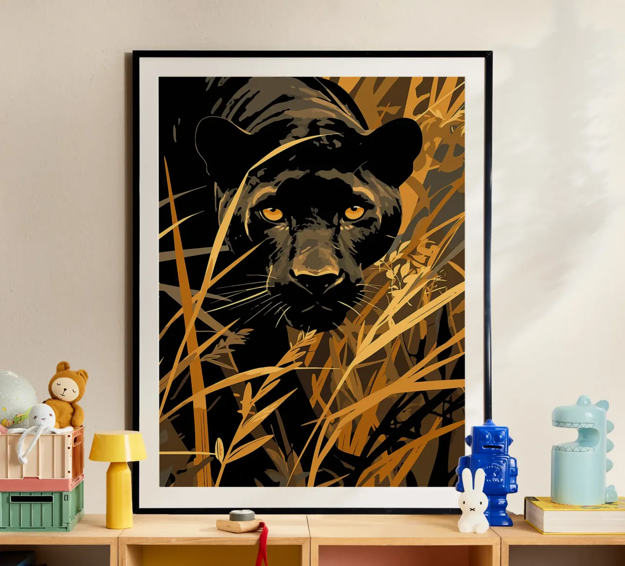 pantera jungla follaje vida salvaje gran felino poster con marco de madera de Lukas Hoffmann