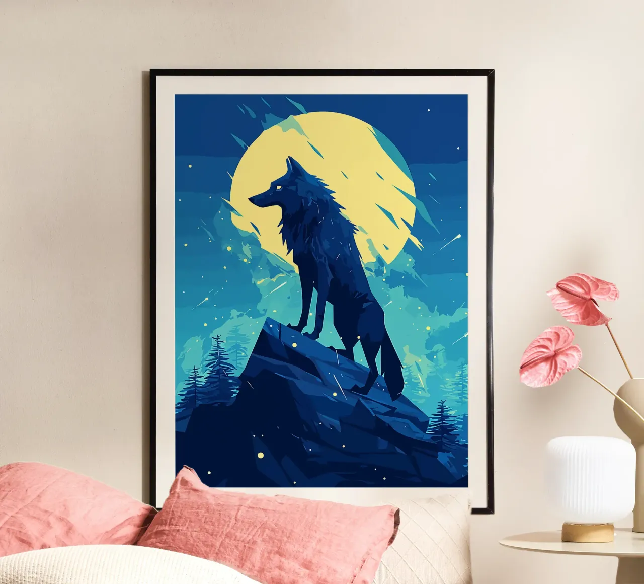 lupo luna notte collina alberi poster con telaio in alluminio da Lukas Hoffmann