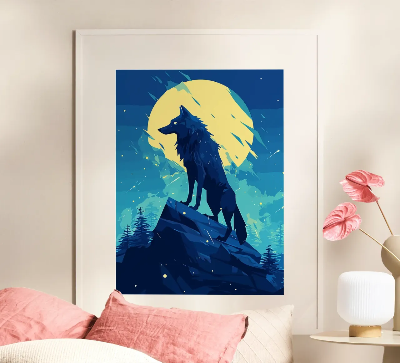 lupo luna notte collina alberi poster con telaio in alluminio da Lukas Hoffmann