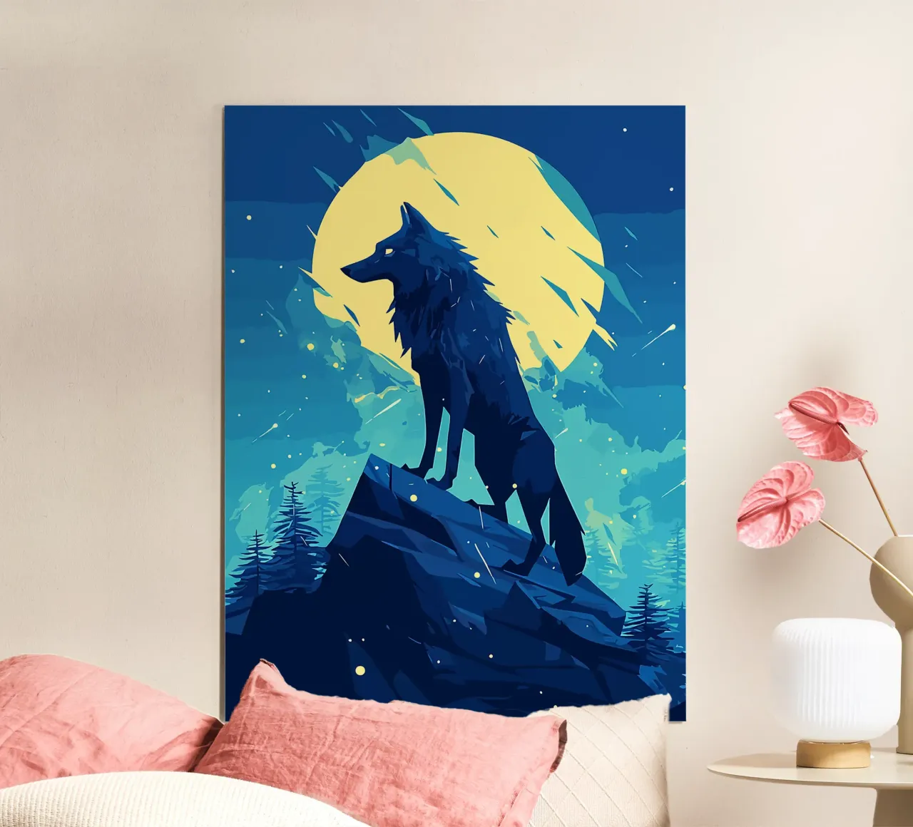 lupo luna notte collina alberi poster con telaio in alluminio da Lukas Hoffmann