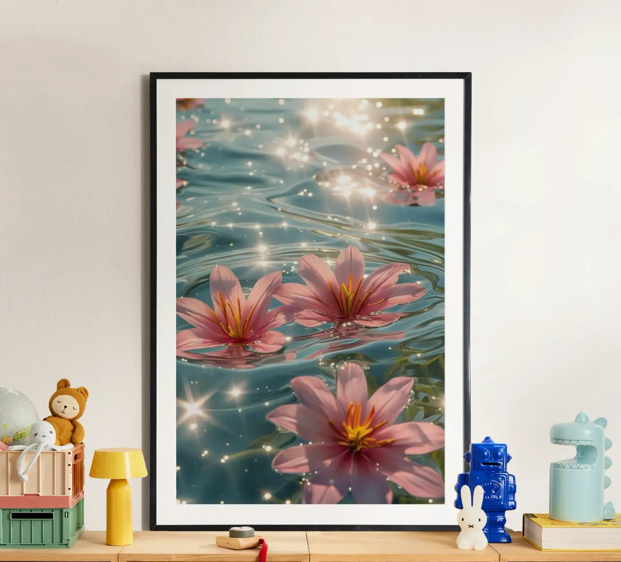 Serena escena de flores rosas flotando en el agua iluminada por el sol poster con marco de madera de Léa Lefebvre Photography