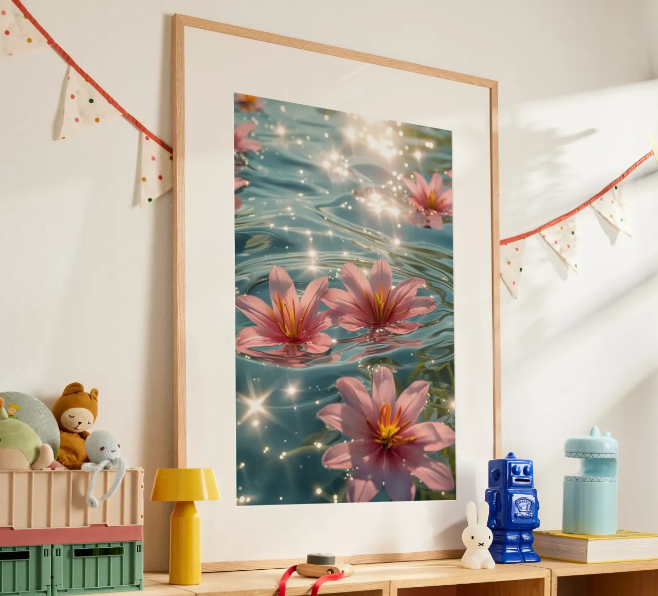 Serena escena de flores rosas flotando en el agua iluminada por el sol poster con marco de madera de Léa Lefebvre Photography