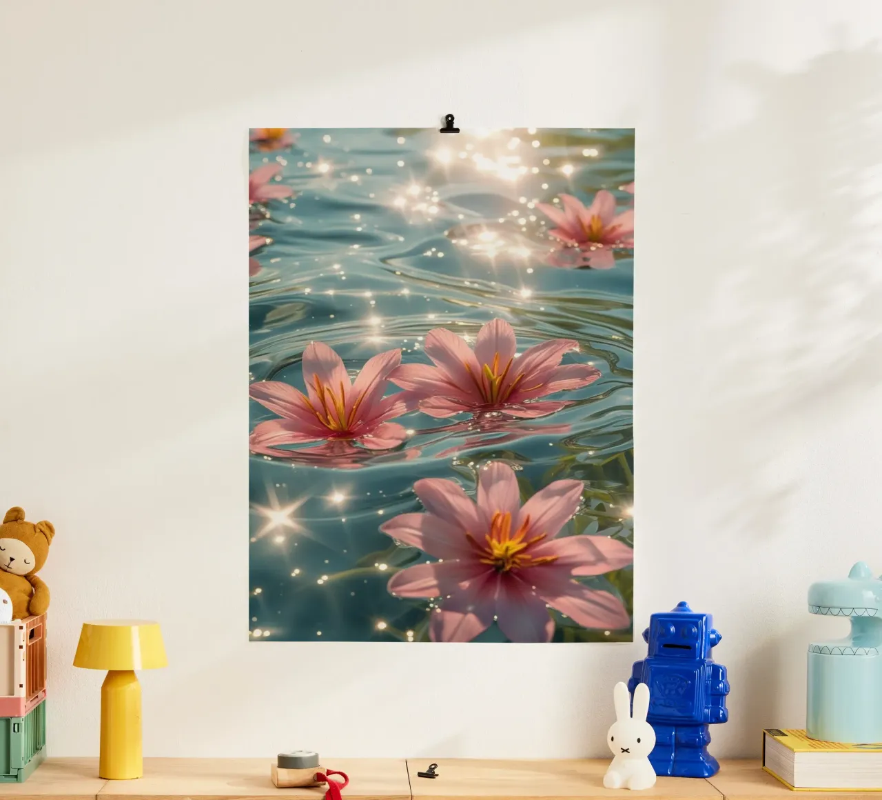 Serena escena de flores rosas flotando en el agua iluminada por el sol poster con marco de madera de Léa Lefebvre Photography