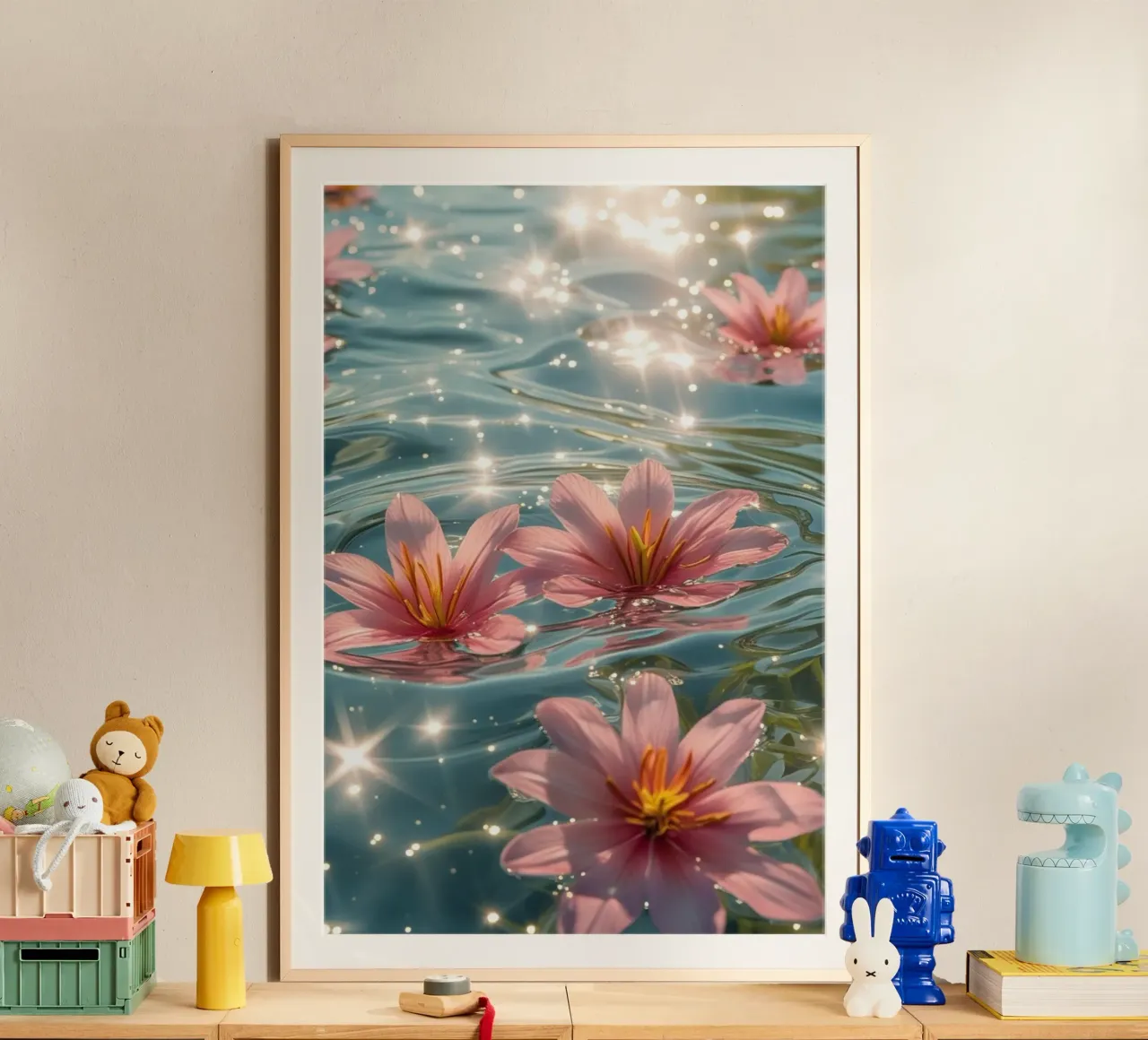 Serena escena de flores rosas flotando en el agua iluminada por el sol poster con marco de madera de Léa Lefebvre Photography