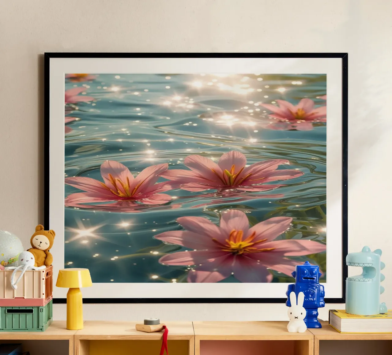 Serena escena de flores rosas flotando en el agua iluminada por el sol poster con marco de madera de Léa Lefebvre Photography