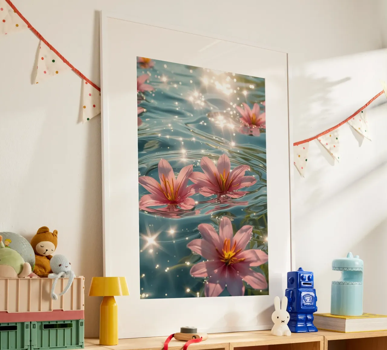 Serena escena de flores rosas flotando en el agua iluminada por el sol poster con marco de madera de Léa Lefebvre Photography