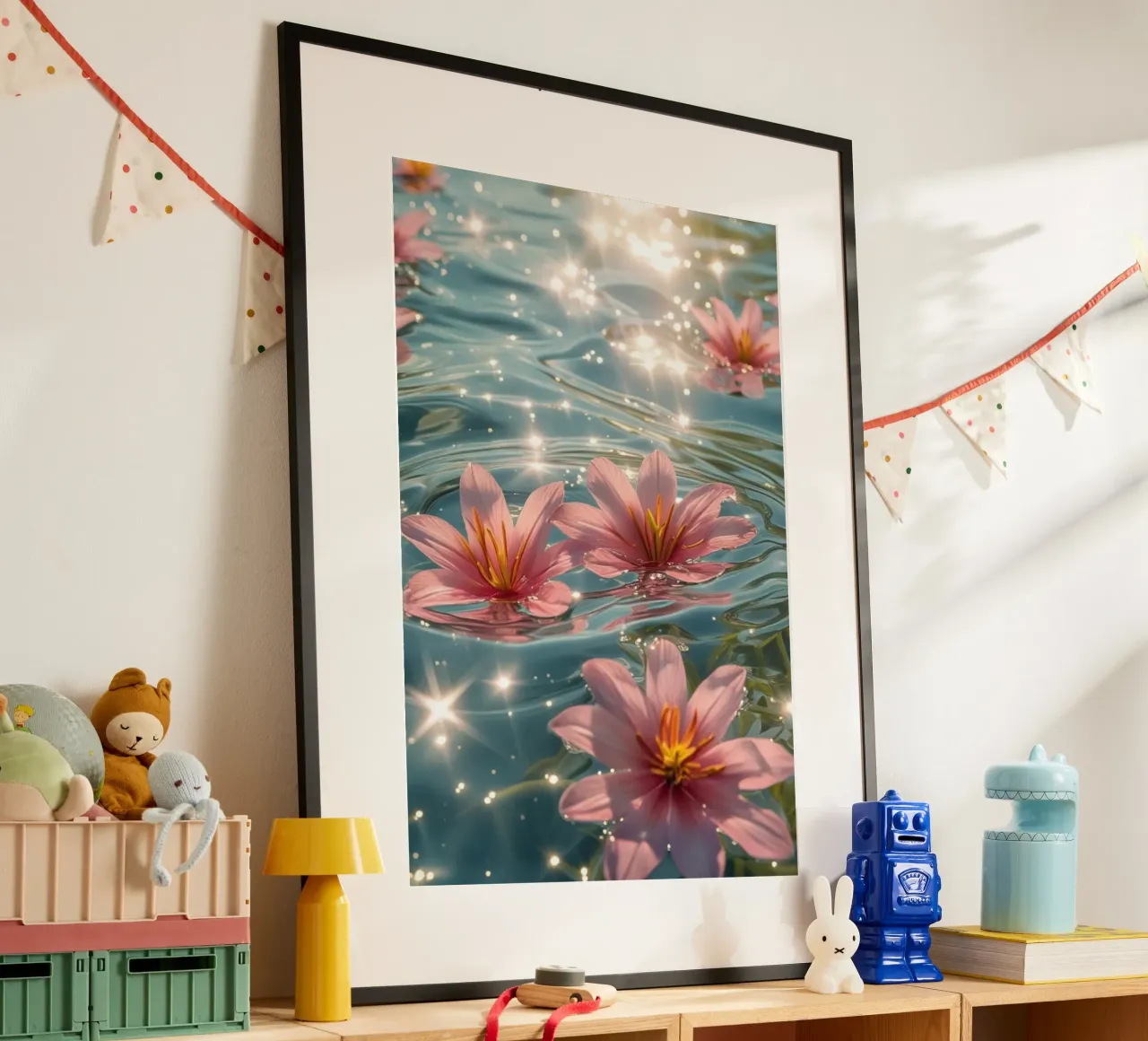 Serena escena de flores rosas flotando en el agua iluminada por el sol poster con marco de madera de Léa Lefebvre Photography