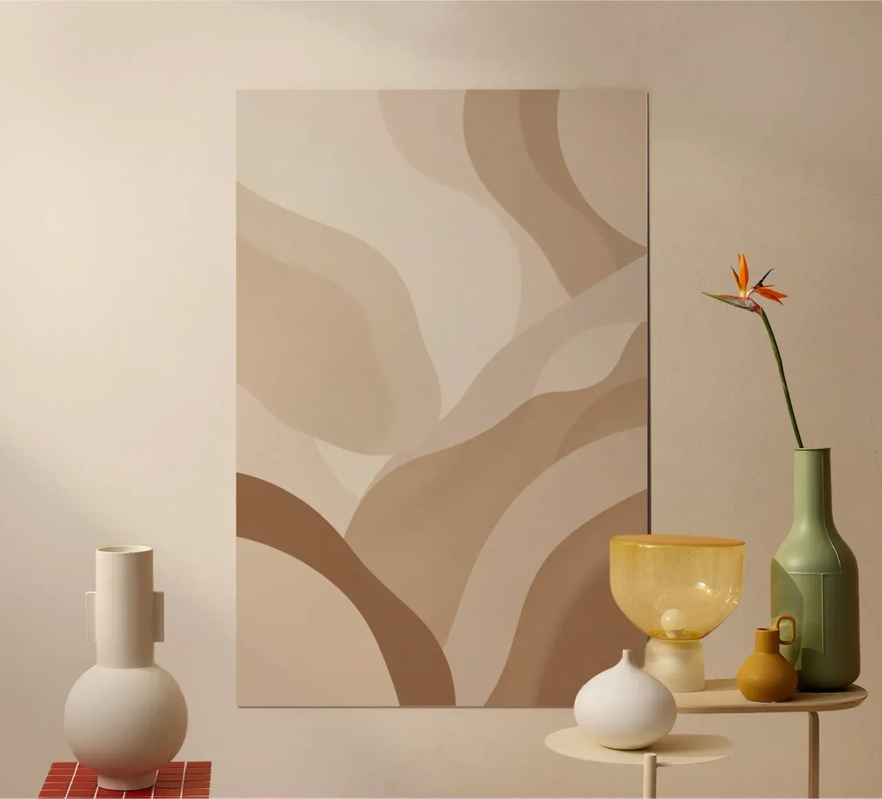 Forme astratte sovrapposte di colore beige e marrone poster con telaio in legno da DesignDoodle