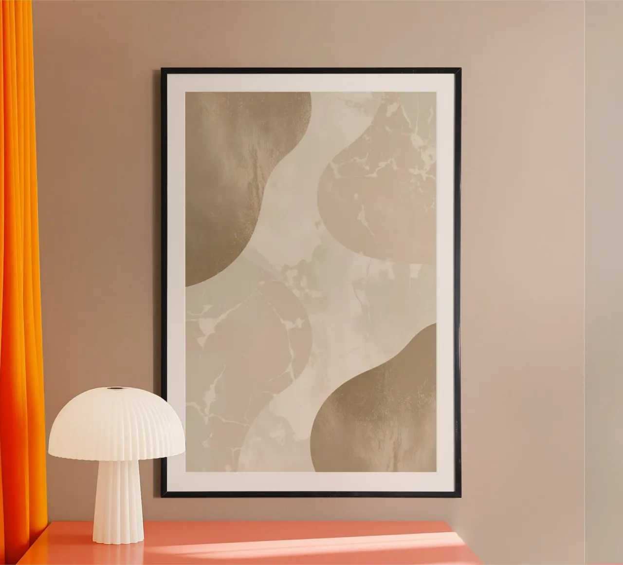 Abstract Beige and Brown Shapes with Marble and Metallic art poster with plastic frame by DesignDoodle